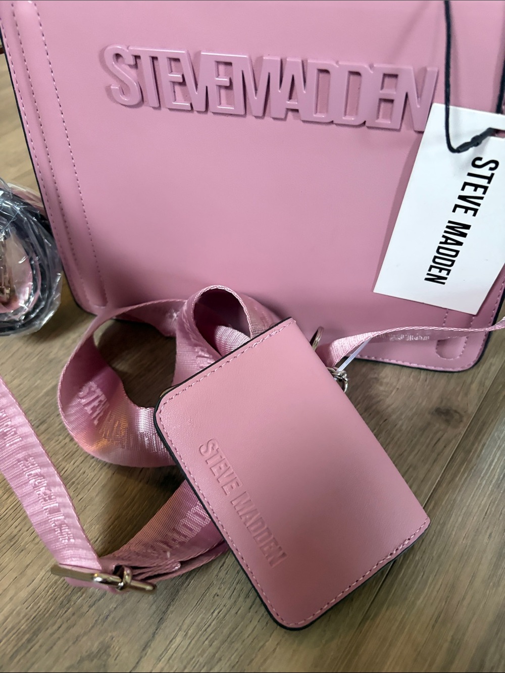 Steve Madden Pink Logo Tote with Detachable Strap and Card Case
